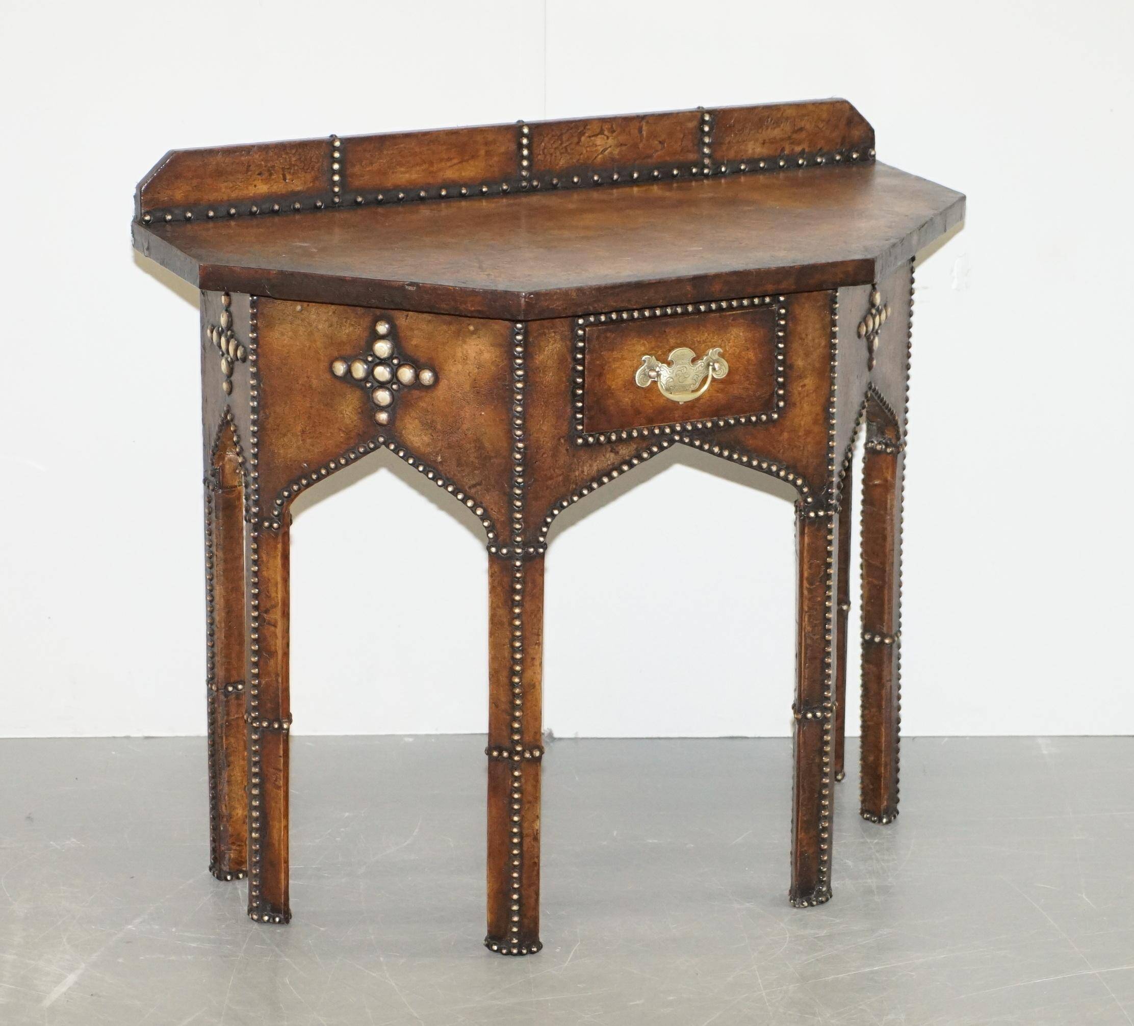 Antique Leather Studded Console Table in Gothic Pugin Style Restored