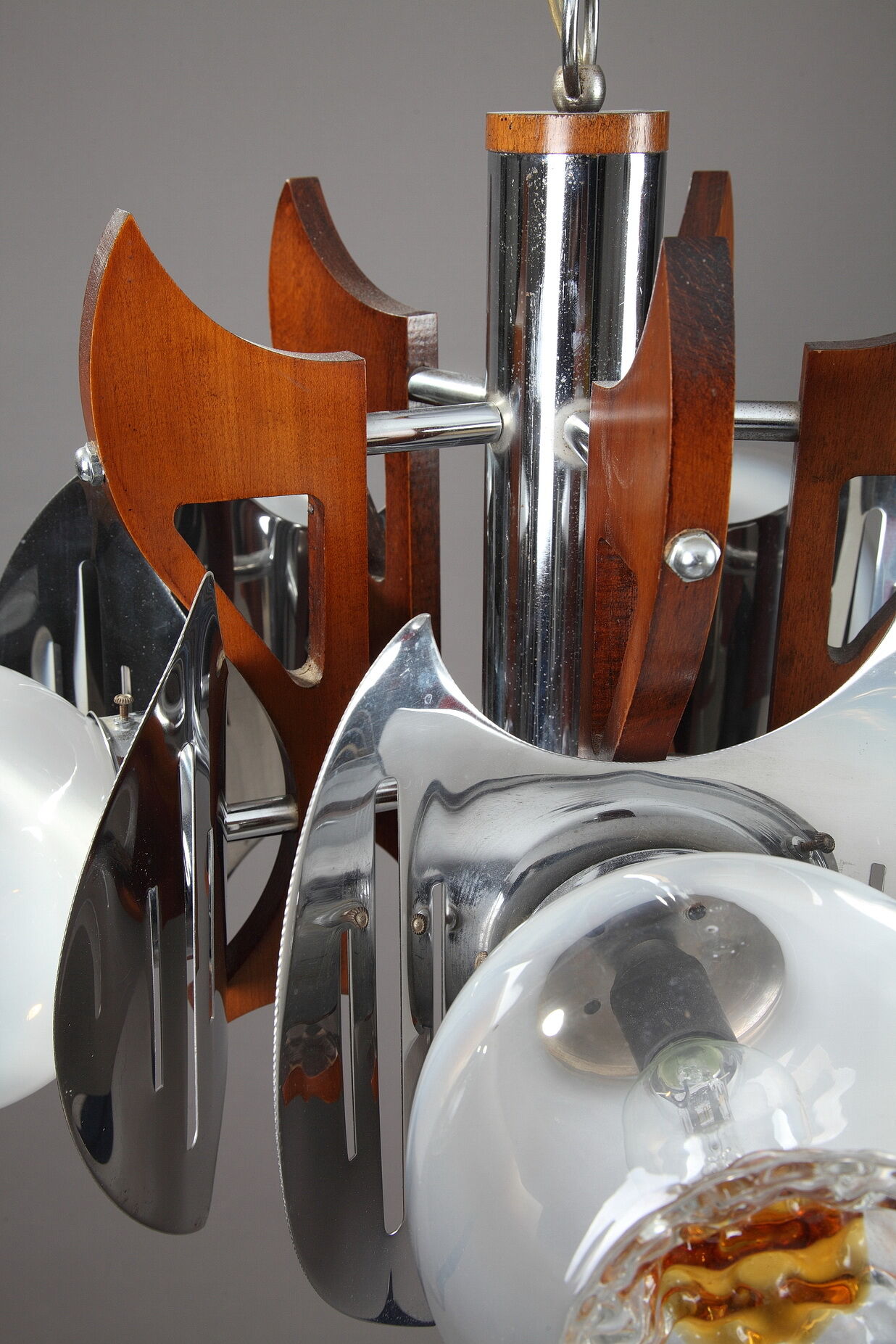 Mazzega chandelier in murano glass, chrome and wood, 1970's