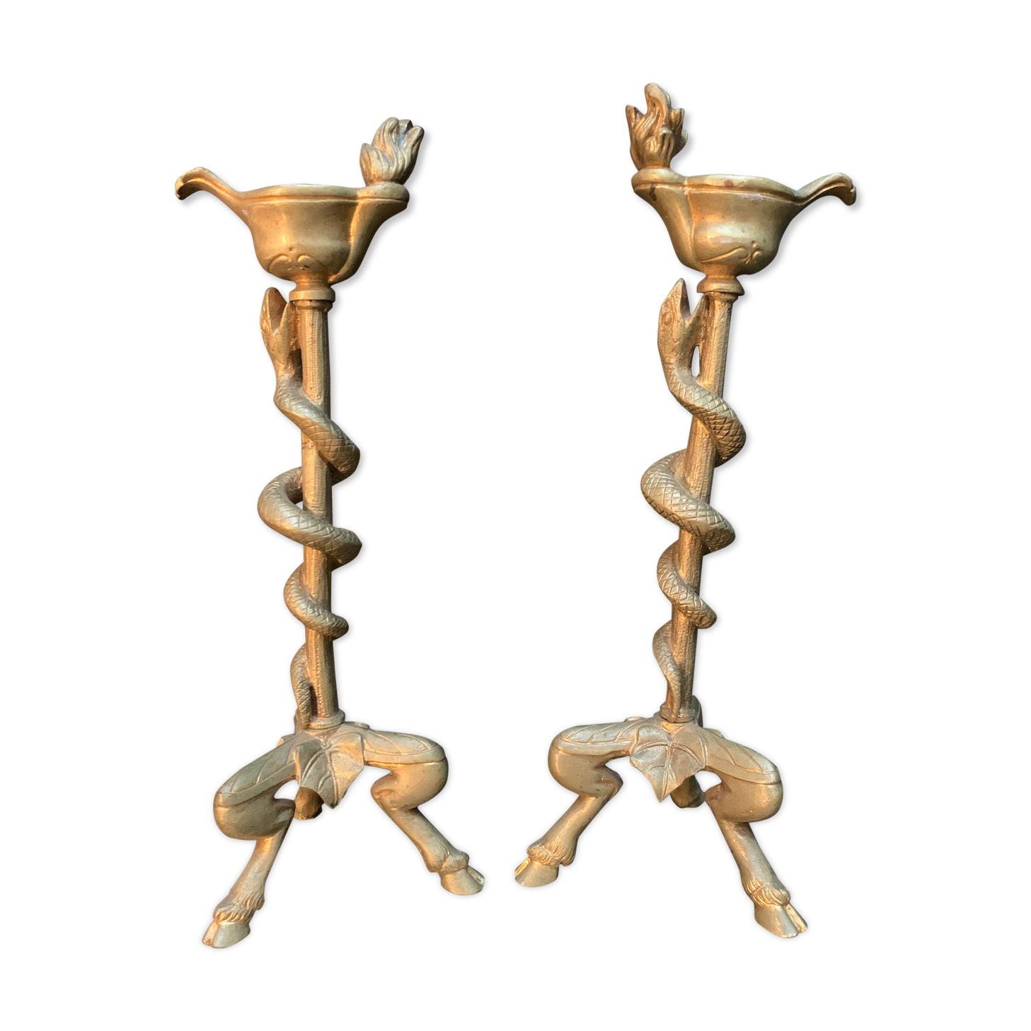 Pair of candlesticks with snakes, gilded bronze 19th century