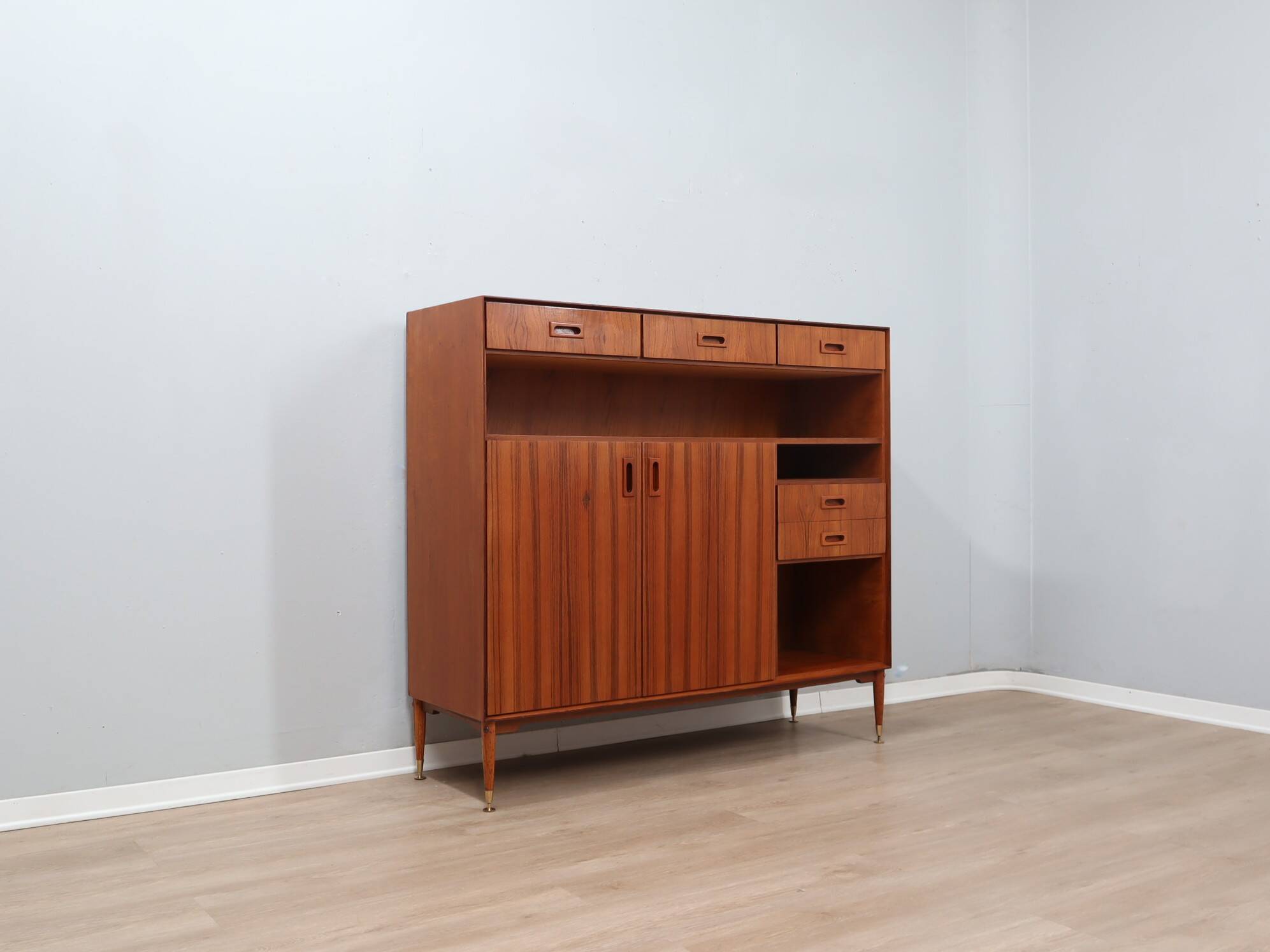1960s Italian mid-century teak highboard restored with brass feet