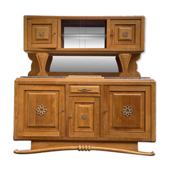 Parisian Art Deco sideboard with 2 sections in solid oak and marble, 1940