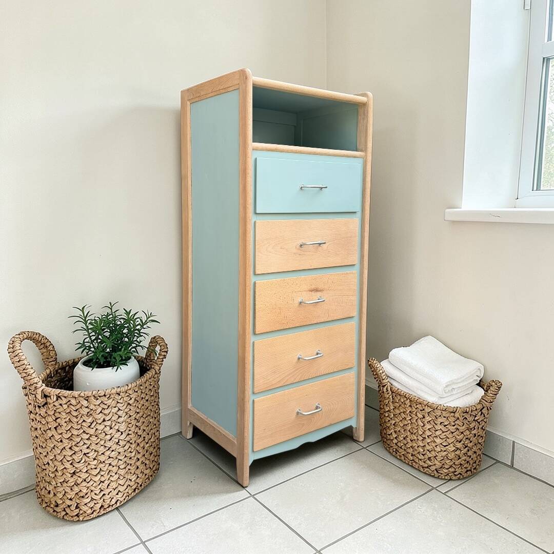 Vintage tall chest of drawers in raw wood and grey-blue from the 1950s.