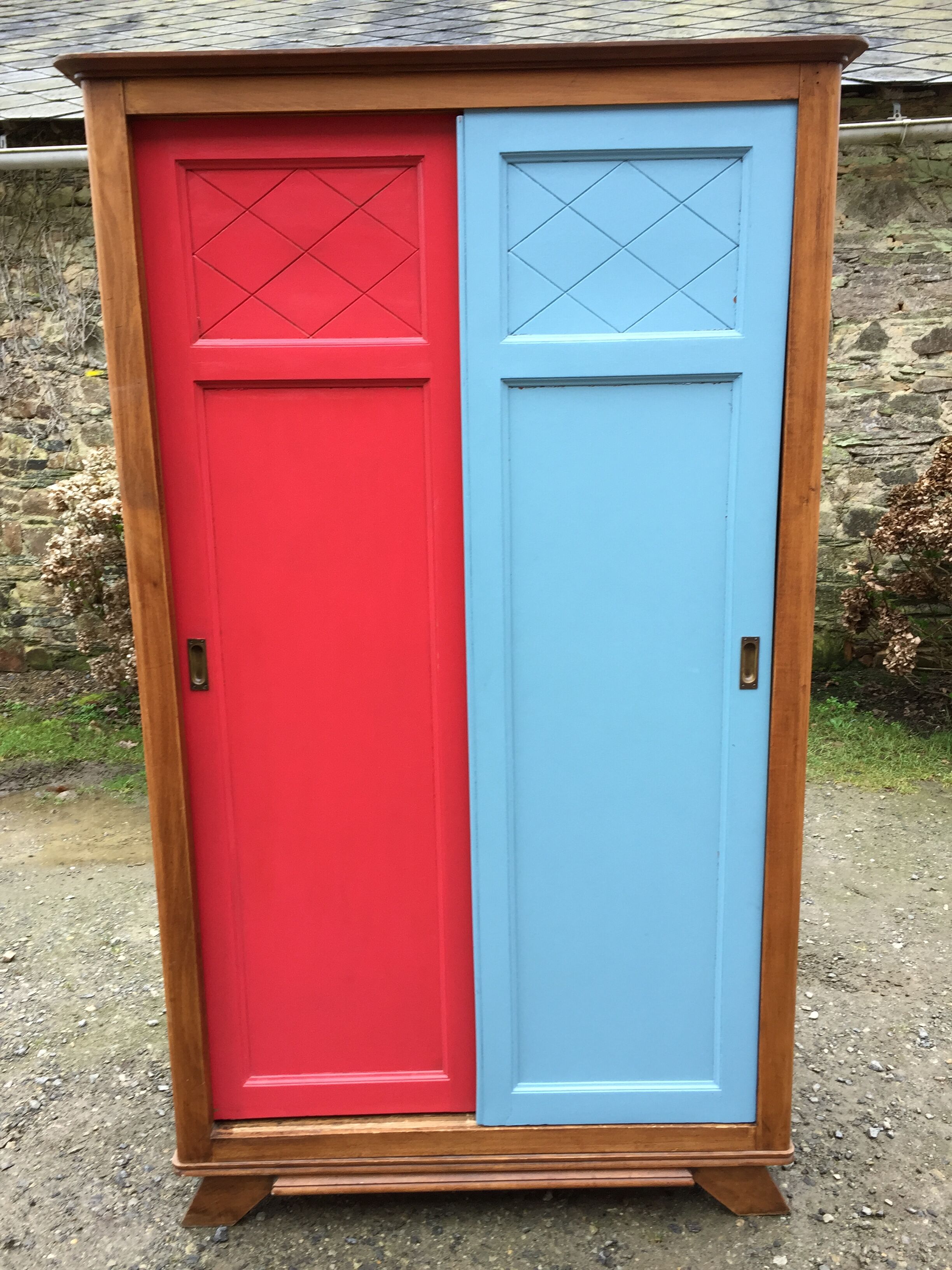 Vintage oak compass foot cabinet with 2 sliding doors painted red and blue