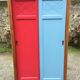 Vintage oak compass foot cabinet with 2 sliding doors painted red and blue