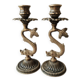 Pair of Art Nouveau style Koi Carp Candlesticks. In old gold patinated bronze.