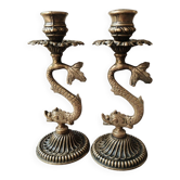 Pair of Art Nouveau style Koi Carp Candlesticks. In old gold patinated bronze.
