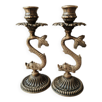 Pair of Art Nouveau style Koi Carp Candlesticks. In old gold patinated bronze.