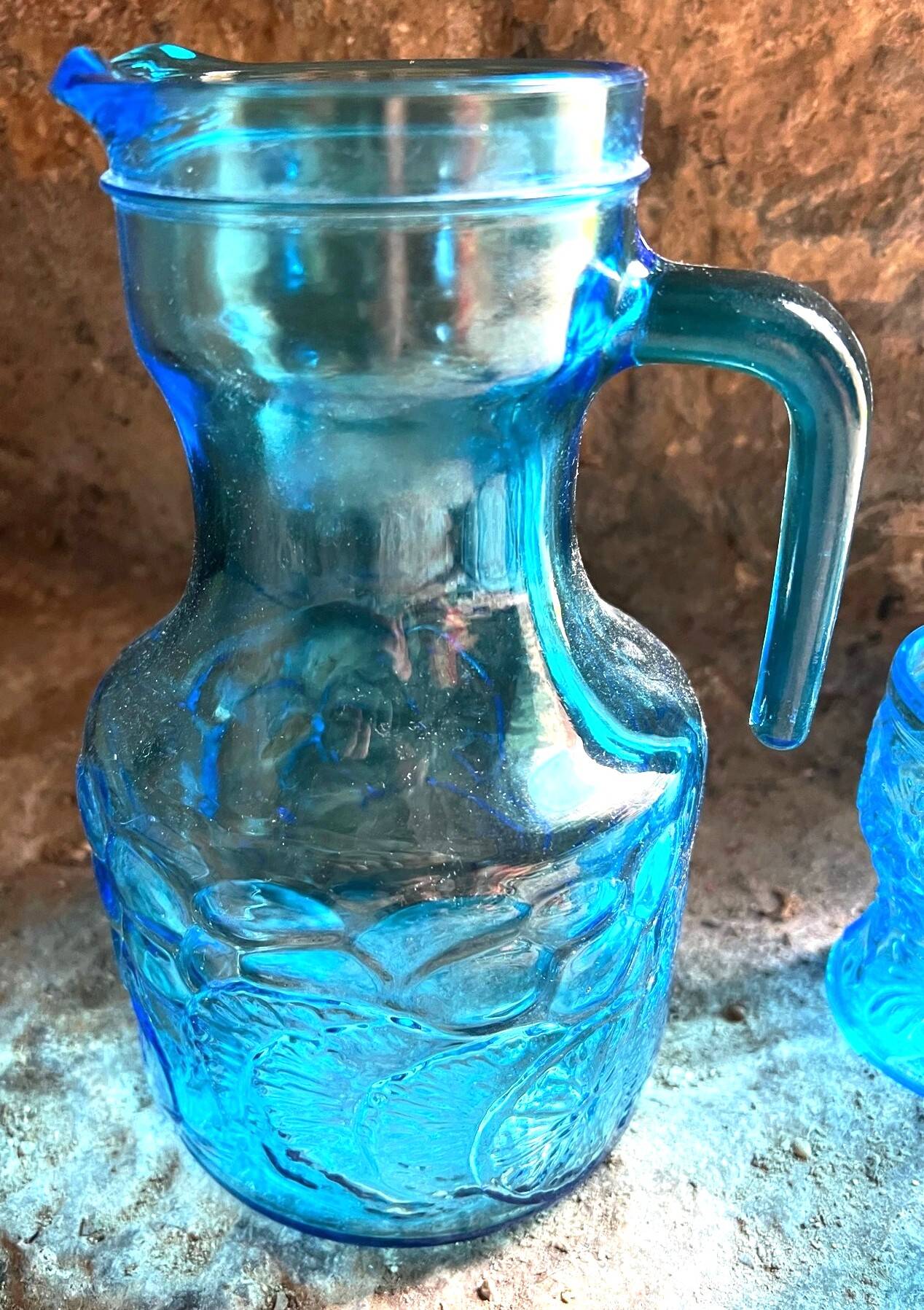 Pichet et 3 verres bleus Fidenza Vetraria Italy vintage années 1950