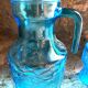 Vintage Fidenza Vetraria Italy pitcher and 3 blue glasses, 1950s