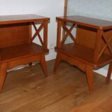 2 oak veneered cross-braced bedside tables
