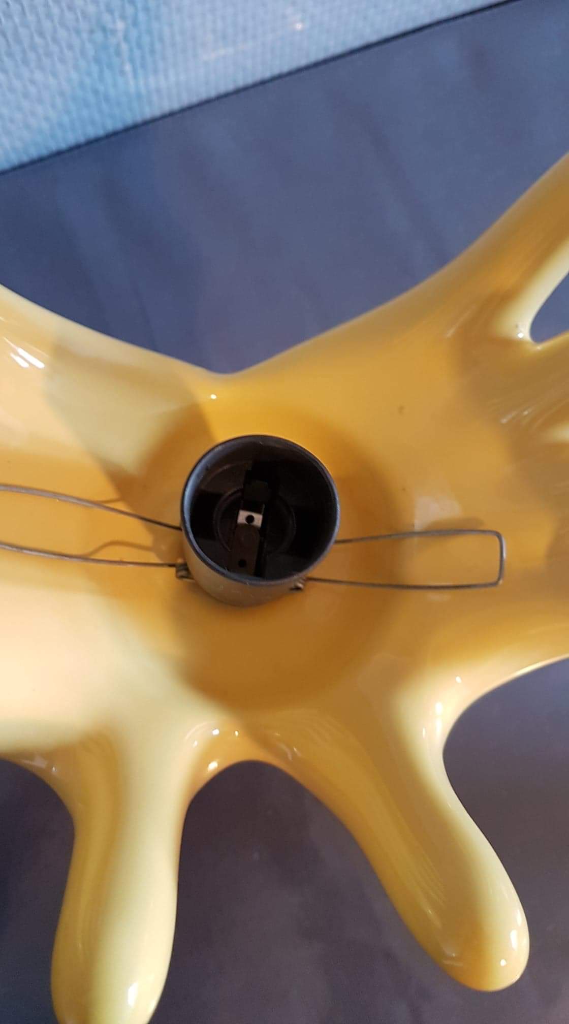 Yellow ceramic hand lamp with white opaline globe