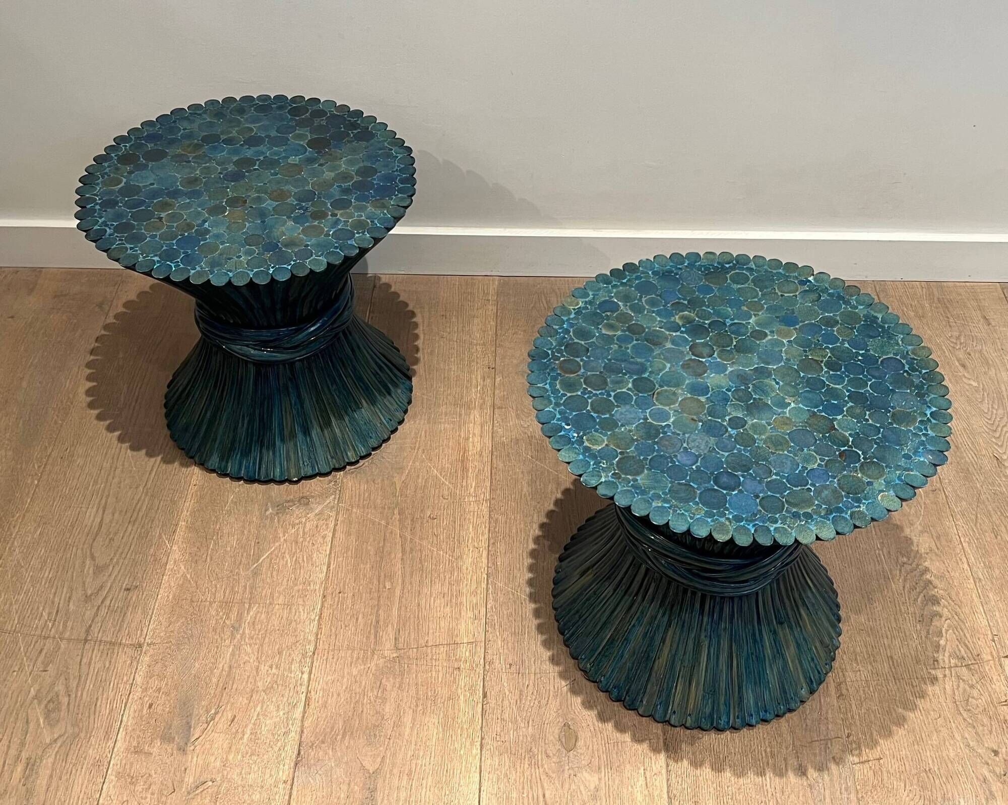 Pair of Bamboo Side Tables in the Shape of a Wheat Sheaf. Turquoise Lacquered.