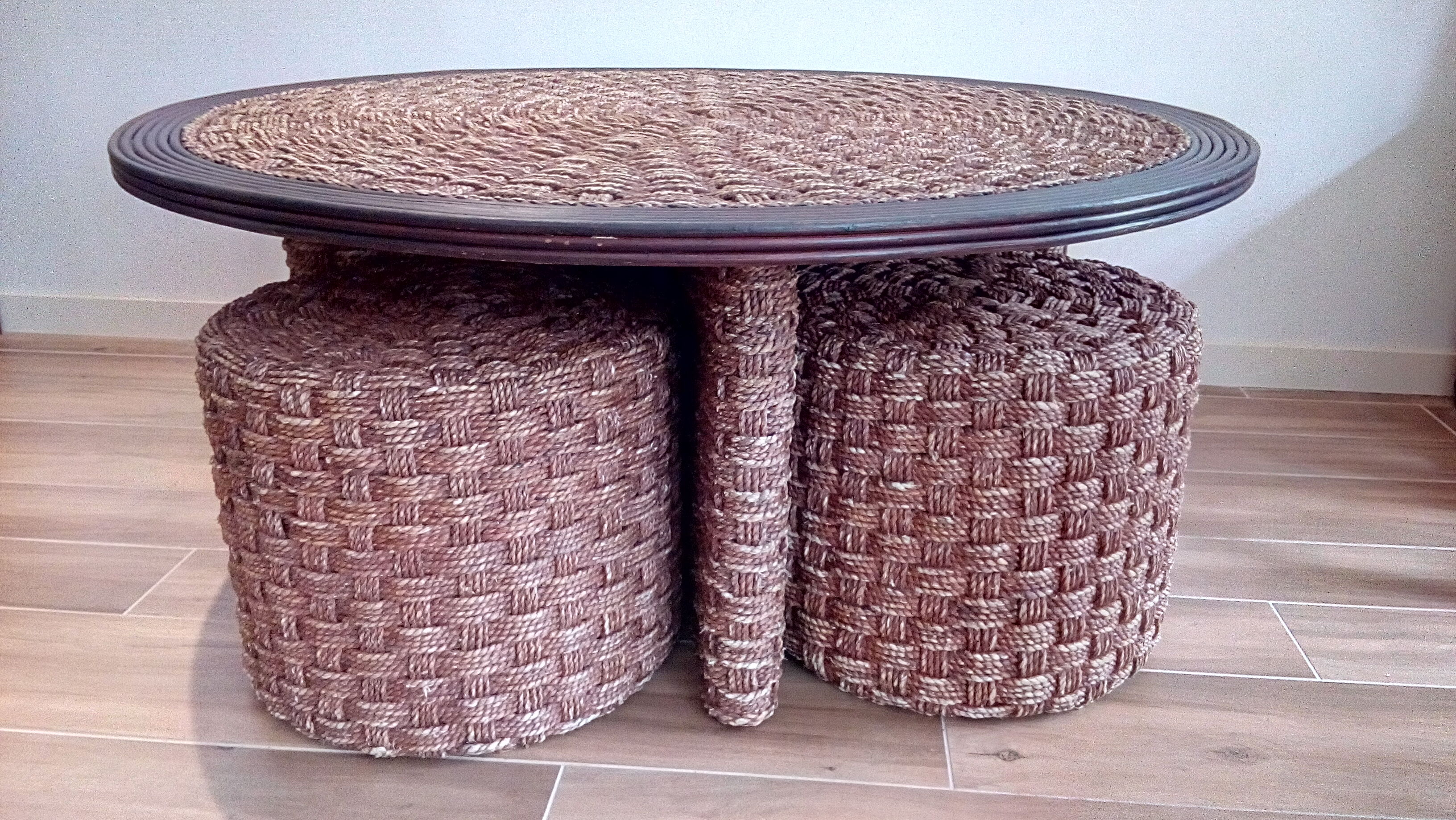 Vintage stool pouf in braided rope