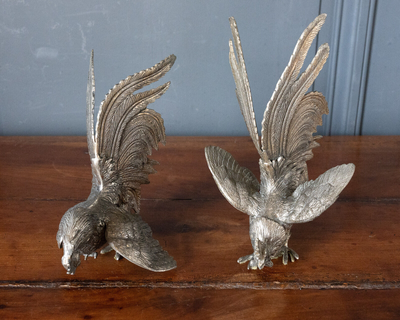 Two roosters in silver metal mid-twentieth century