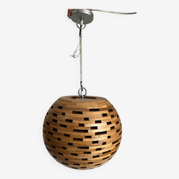 Suspension desing en bois massif, forme boule, luminaire vintage One World diam: 36cm