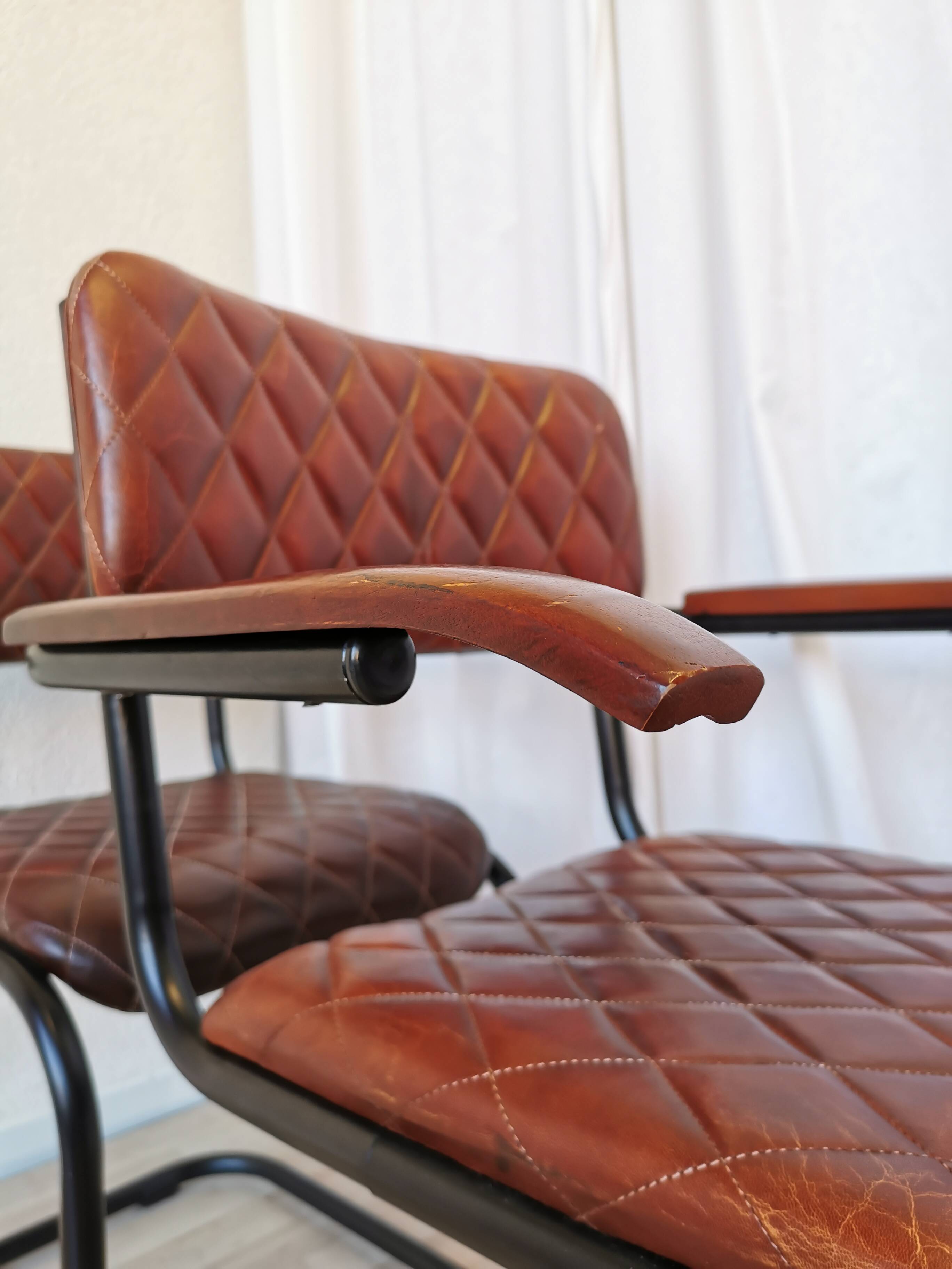 Set of 4 Vintage Quilted Leather Dining Chairs: Black Metal Base