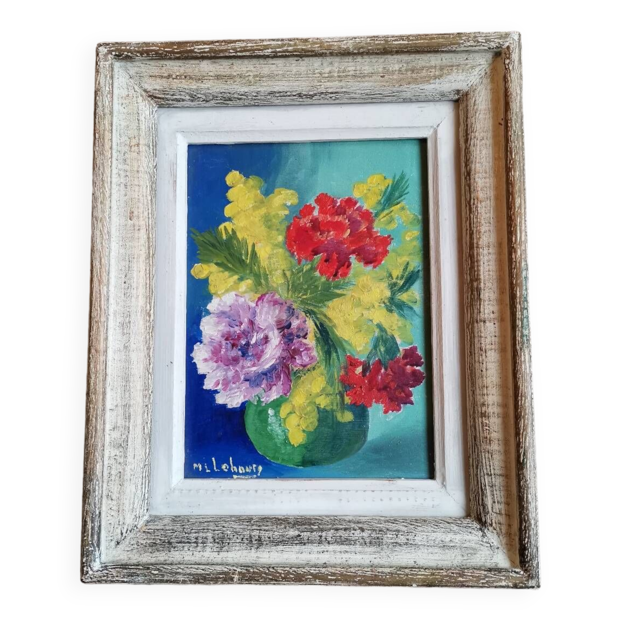 Vintage oil painting on wood pattern vase of flowers still life signed