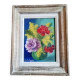 Vintage oil painting on wood pattern vase of flowers still life signed