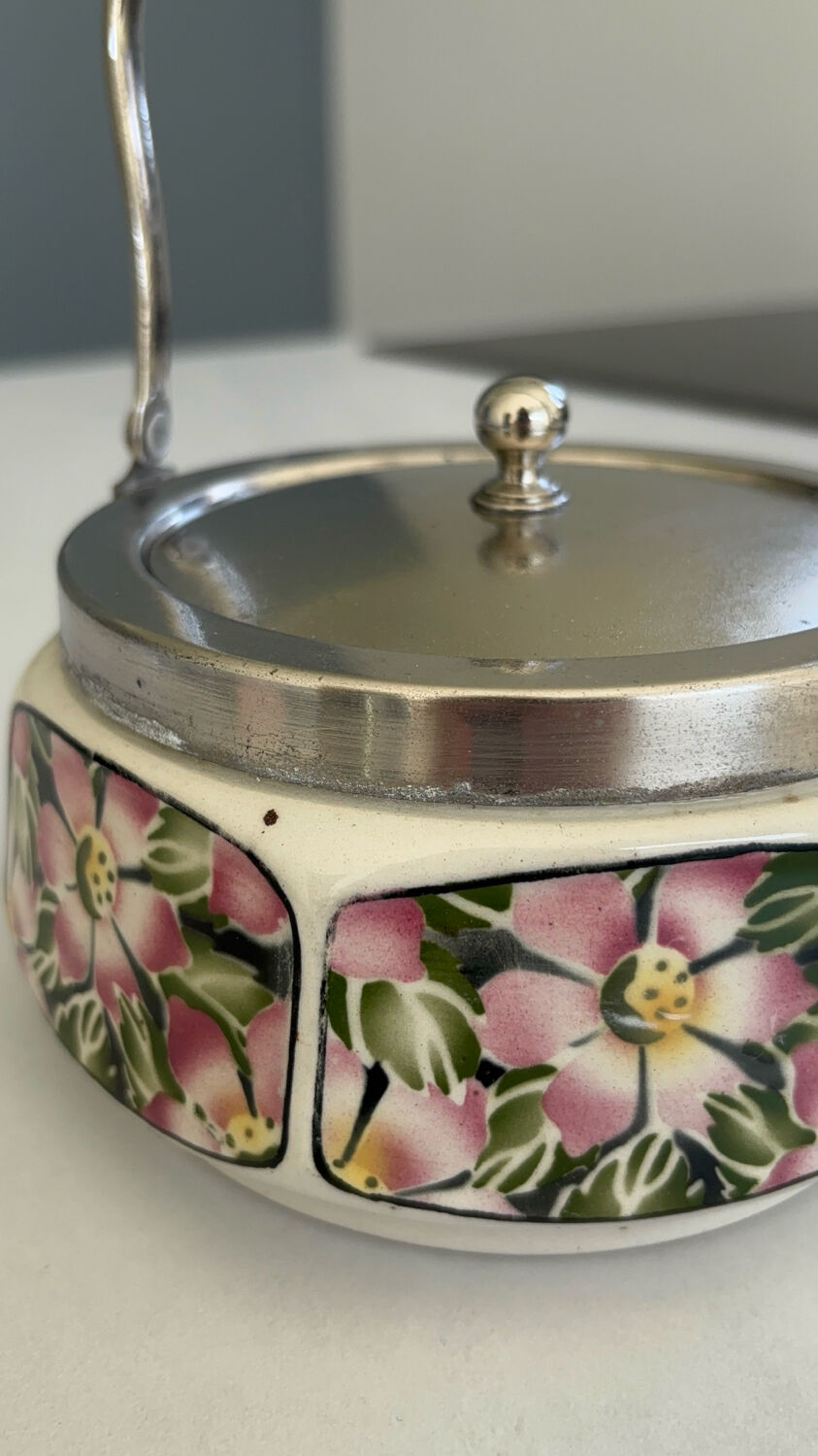 Bonbonnière art déco céramique décor floral – sucrier avec anse métal