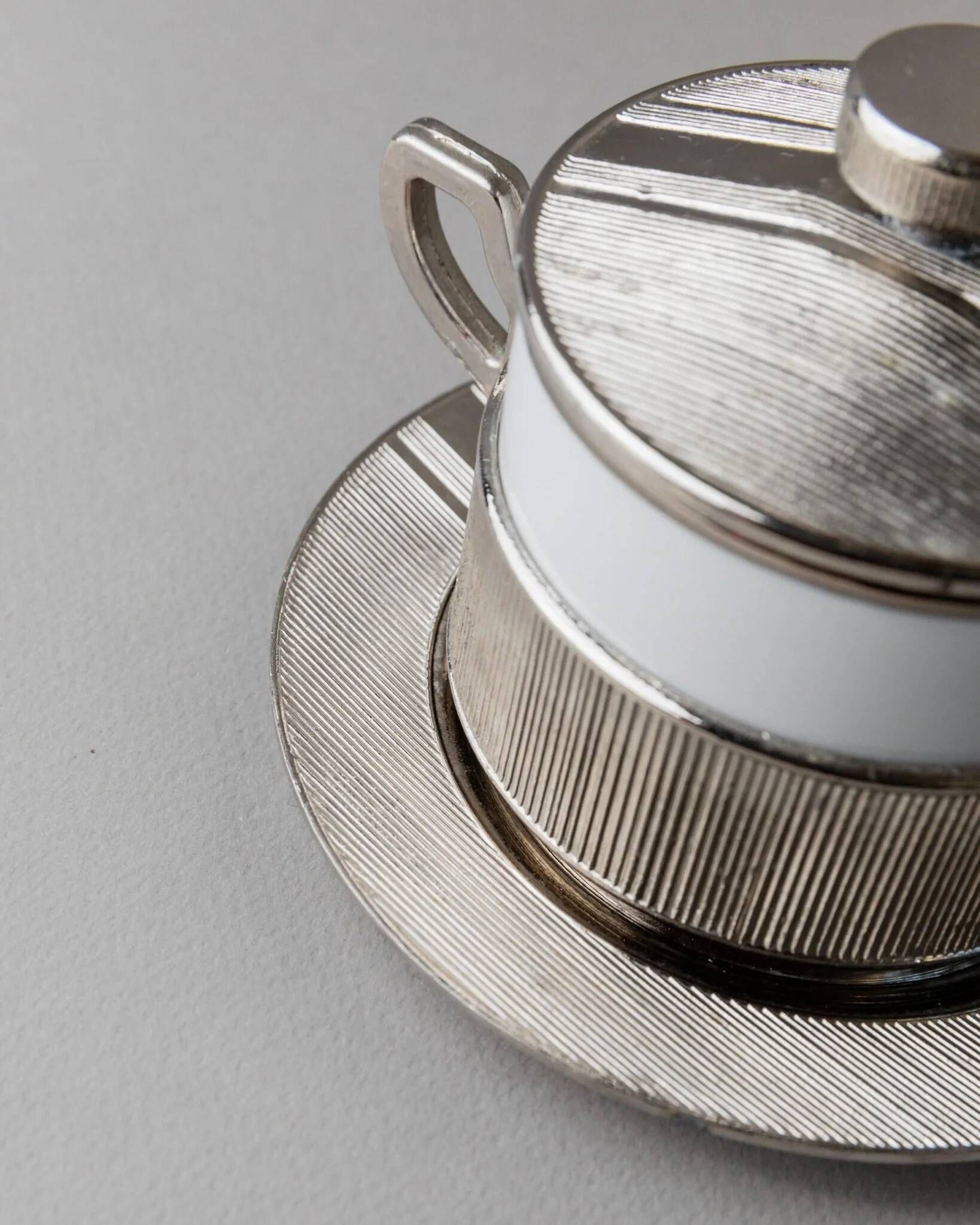 Blanc Porcelaine with Silver-Plated Lid Monopoli Italy 1950s Mid-Century Sugar Jam Bowl