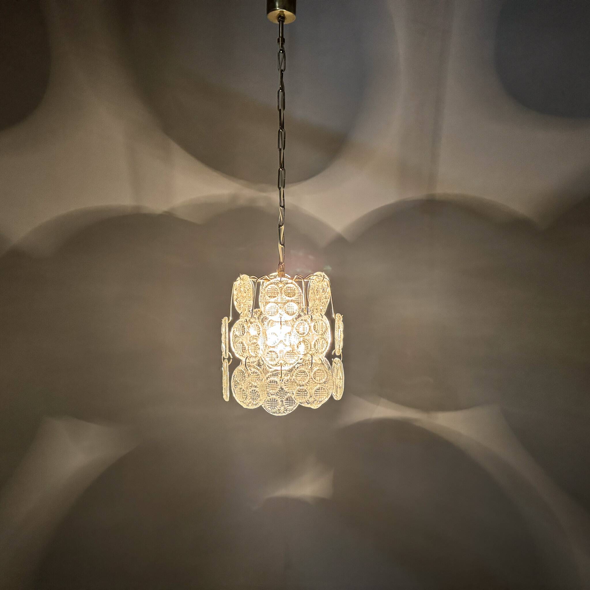 1970s Brass & Pressed Glass Chandelier, Czechoslovakia
