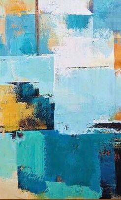 Blue and yellow patchwork inspired oil paint