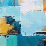 Blue and yellow patchwork inspired oil paint