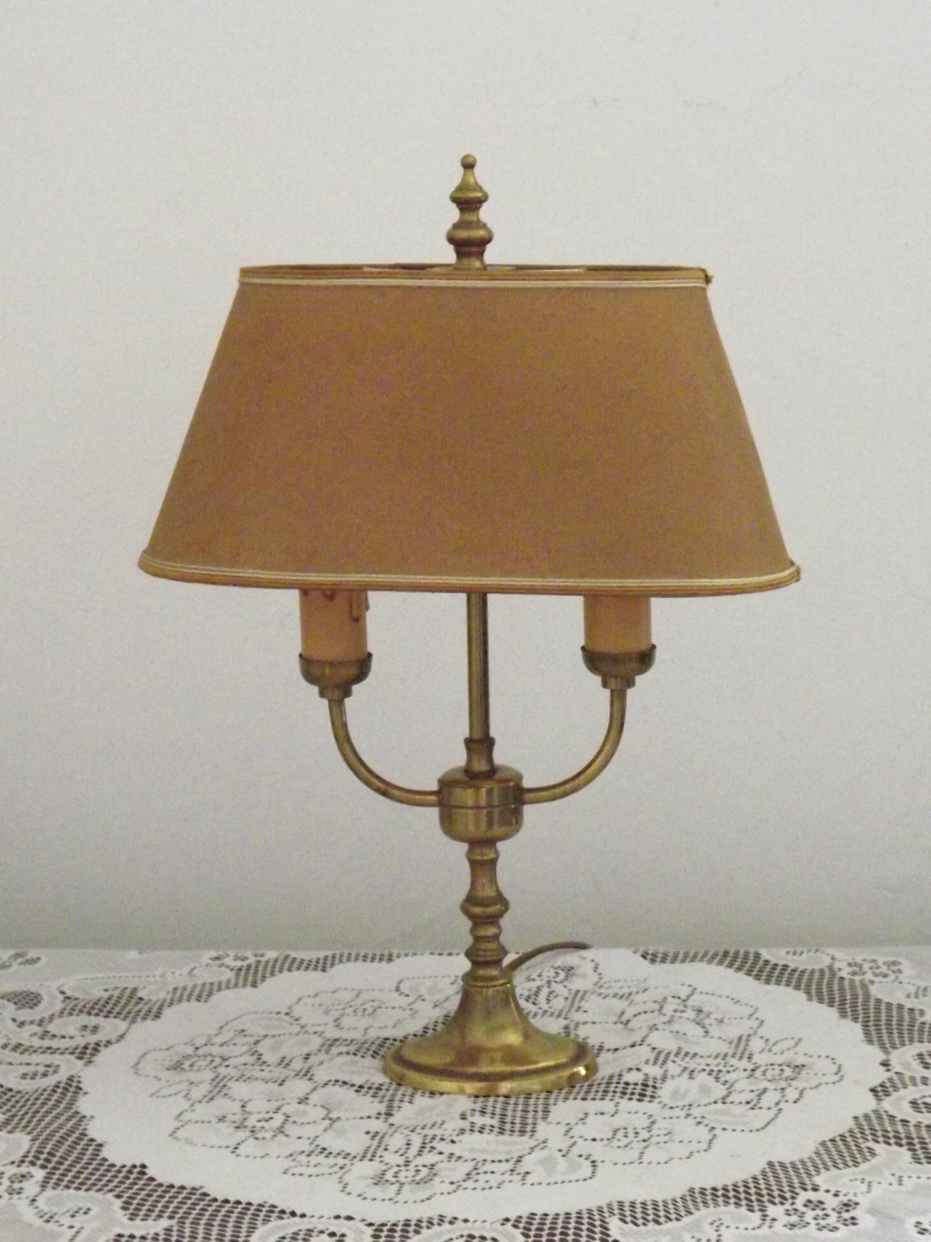 French Mid Century Brass Boulotte 2 Light Table Lamp Brown Shade