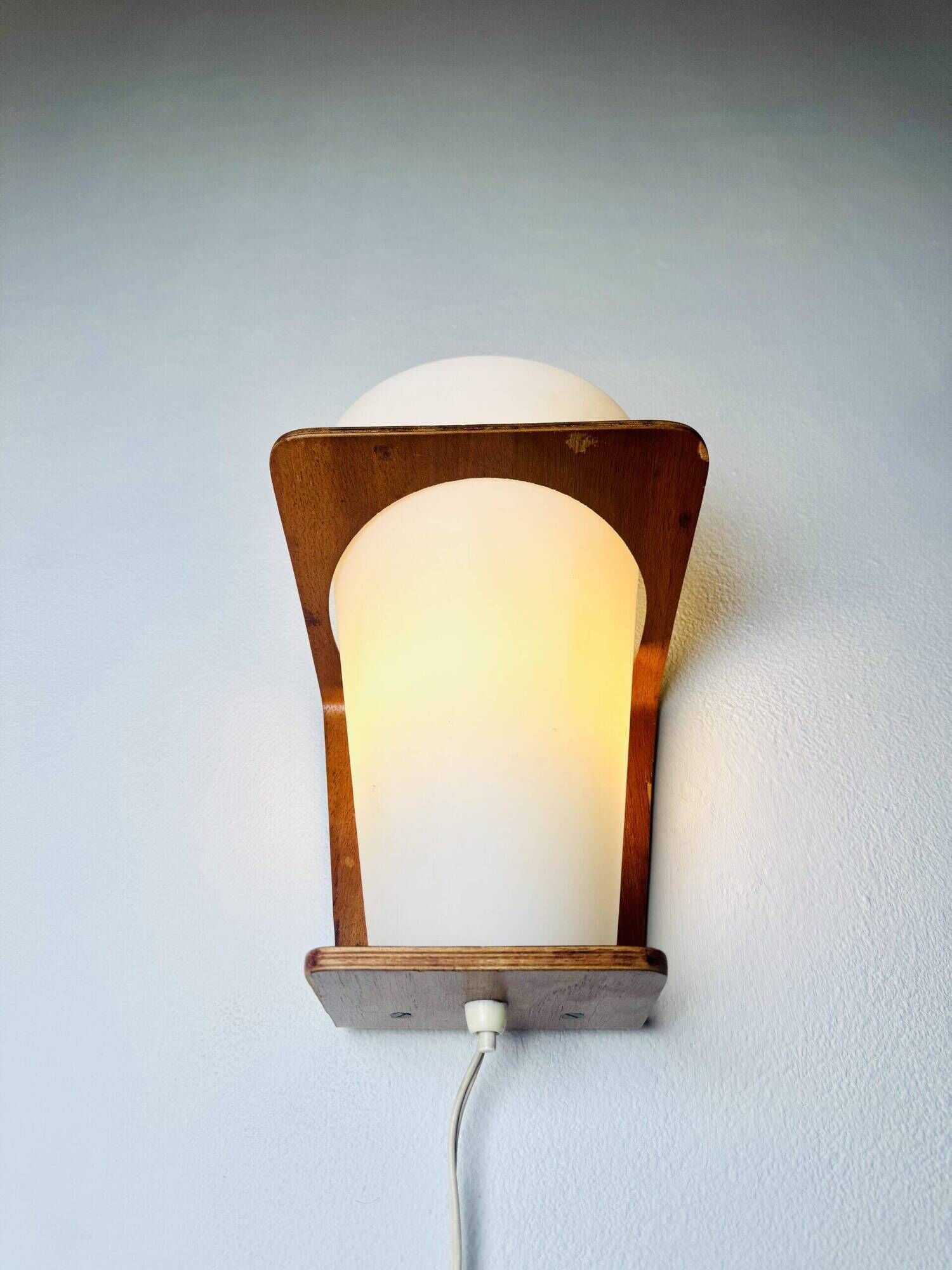 Nx41 Wood And Curved Glass Wall Lamps By Louis Kalff For Philips, The Netherlands 1950S