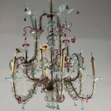 Rezzonico Venetian chandelier in multicolored Murano glass, 12 light arms, circa 1900