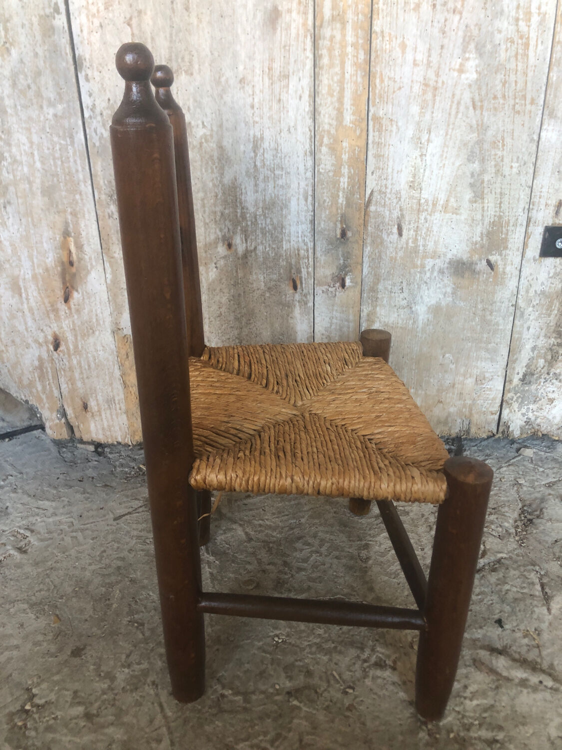 Chaise enfant bebe bois tourné + assise paille tressée vintage #a289