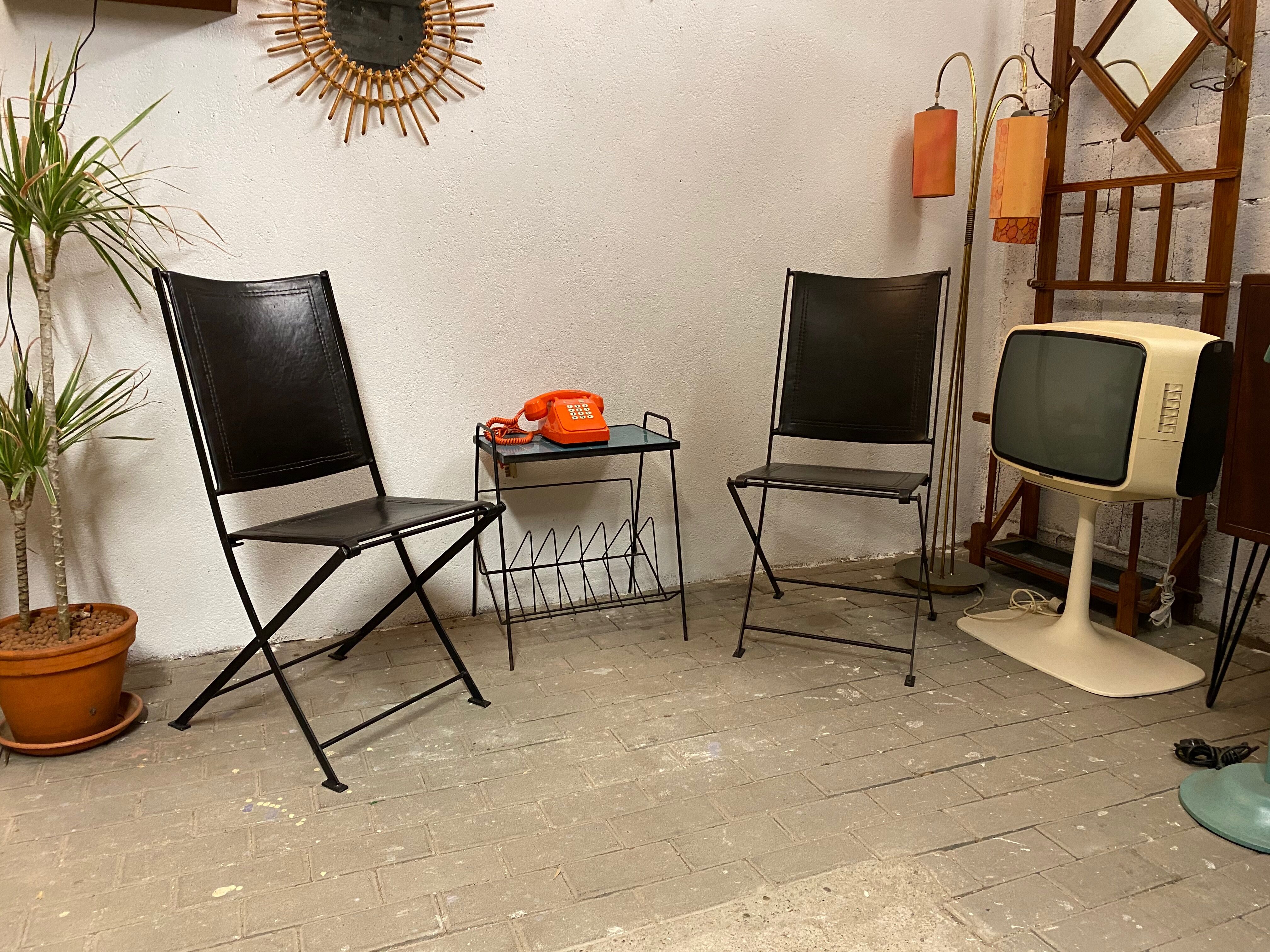 1950s vintage iron folding chairs and leather