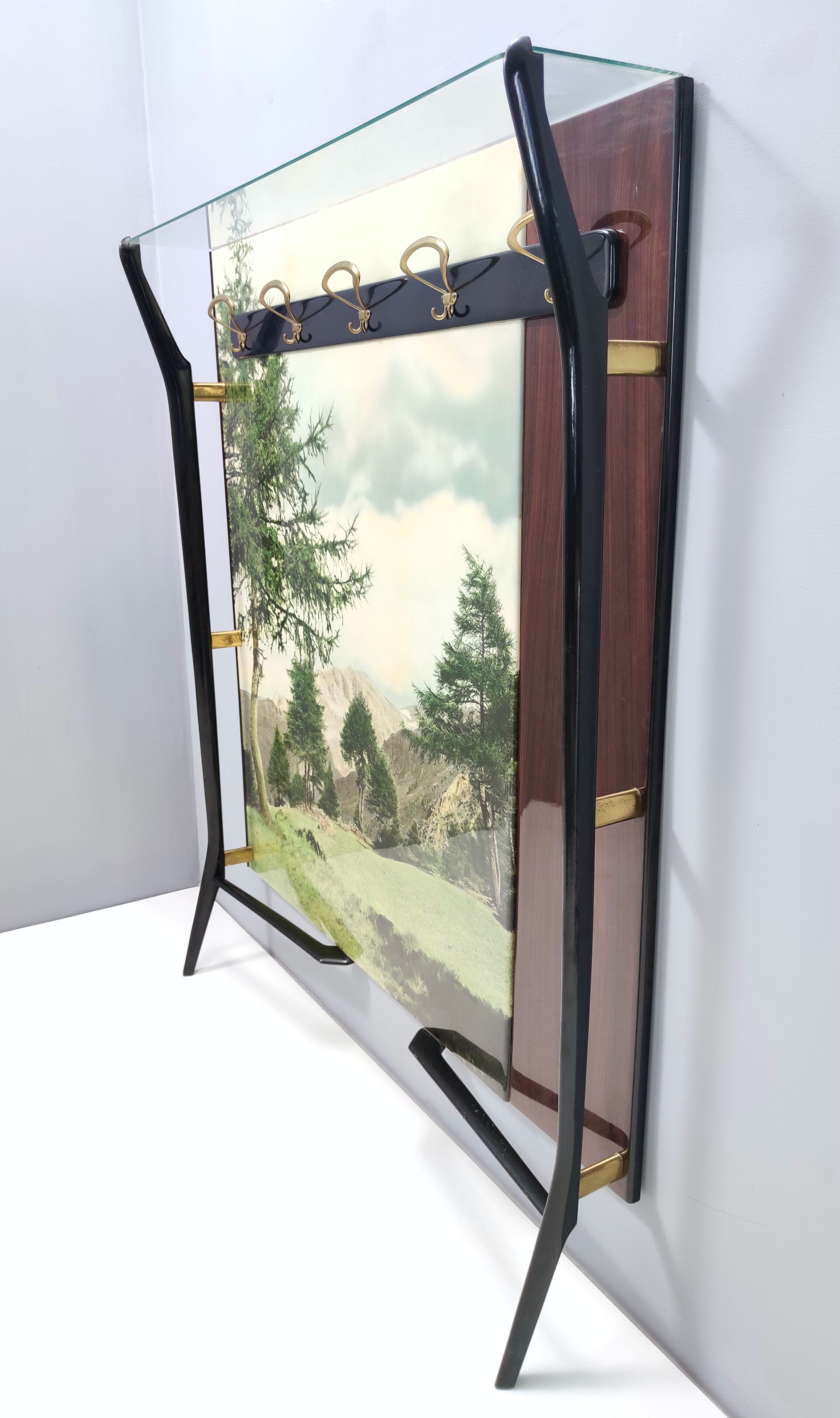 Vintage Ebonized Beech, Brass and Glass Coat Rack with a Landscape, Italy