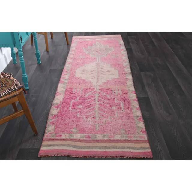 1970s Vintage Turkish Hand-Knotted Wool Cotton Pink Runner Rug 90x303