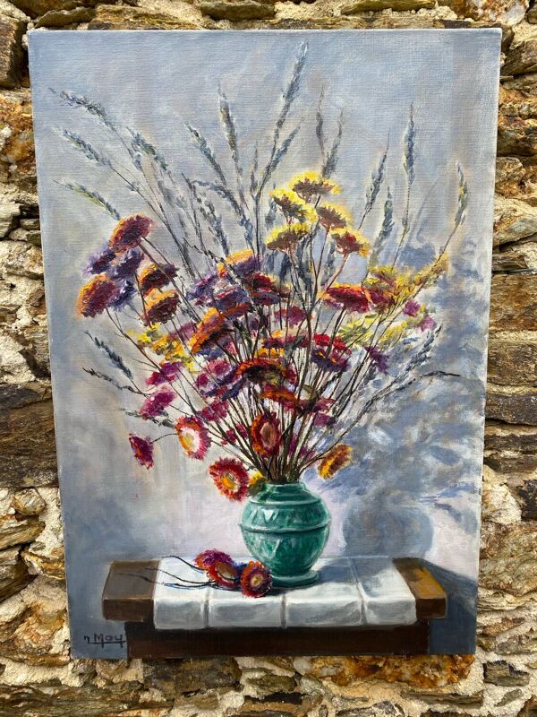 Peinture bouquet fleurs séchées J.Moy