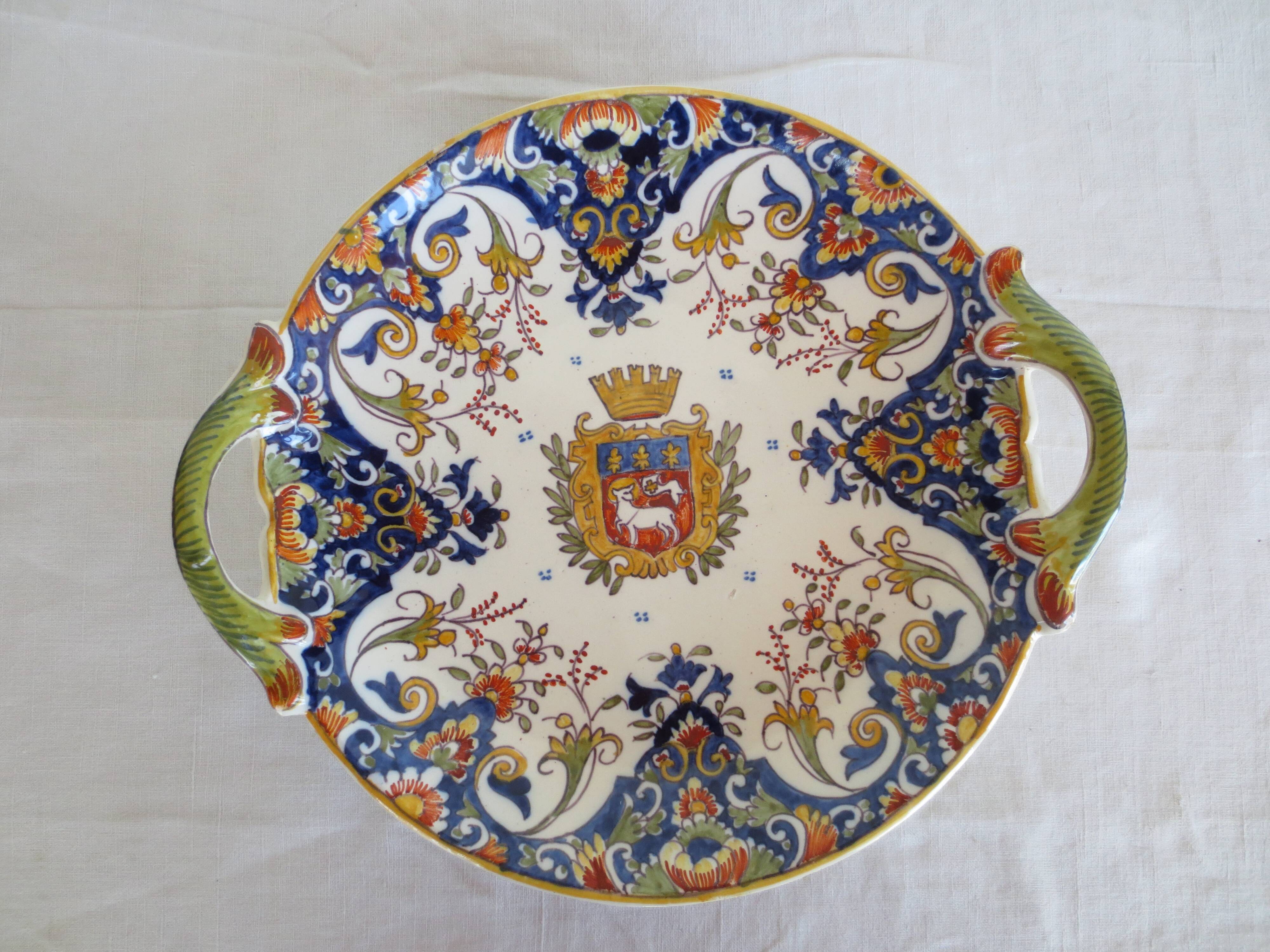Small dish with handles in earthenware, rouen decoration