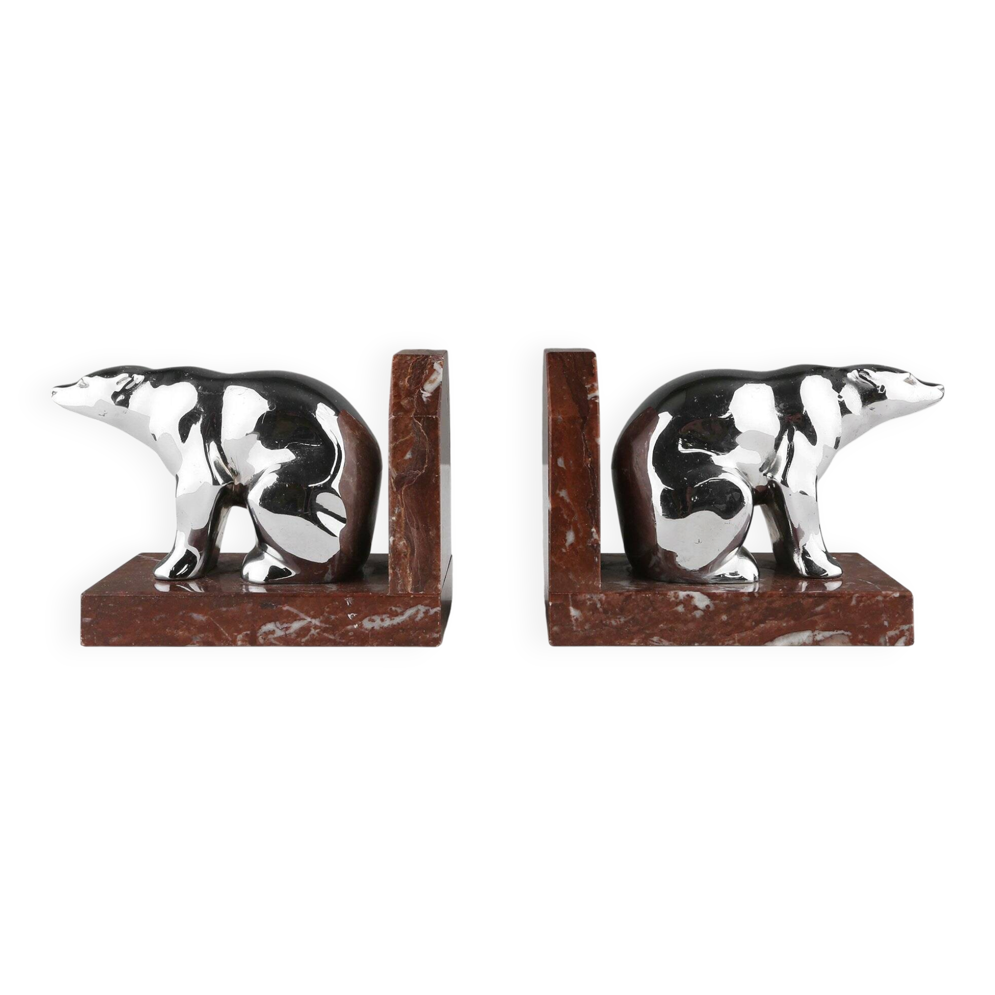 Art Deco Marble and Metal Bear Bookends, France 1930s