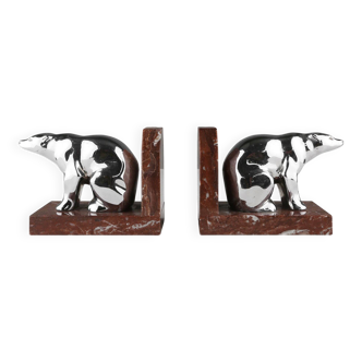 Art Deco Marble and Metal Bear Bookends, France 1930s