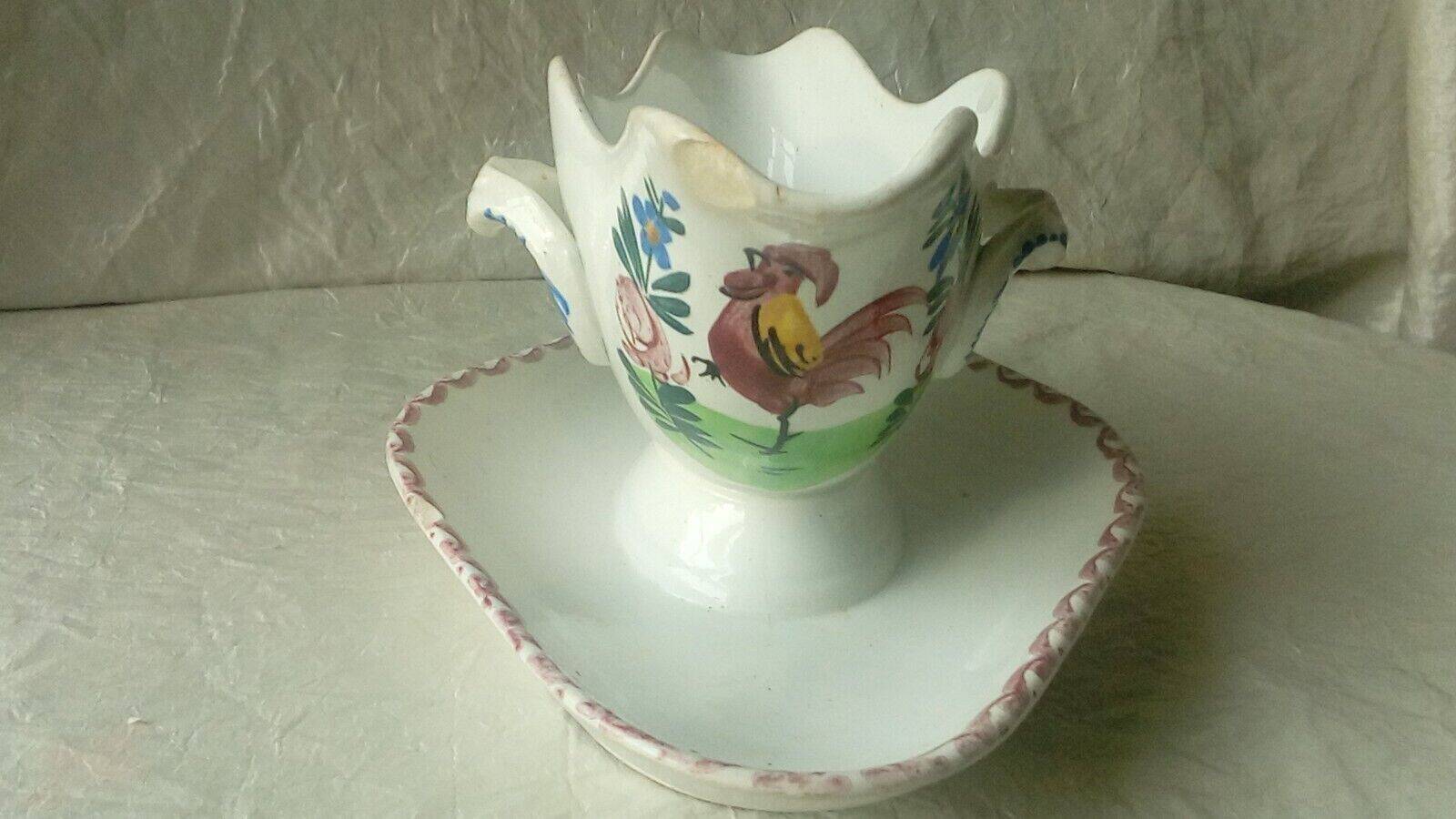 Earthenware gravy boat decorated with Sarreguemines rooster Hamage northern France