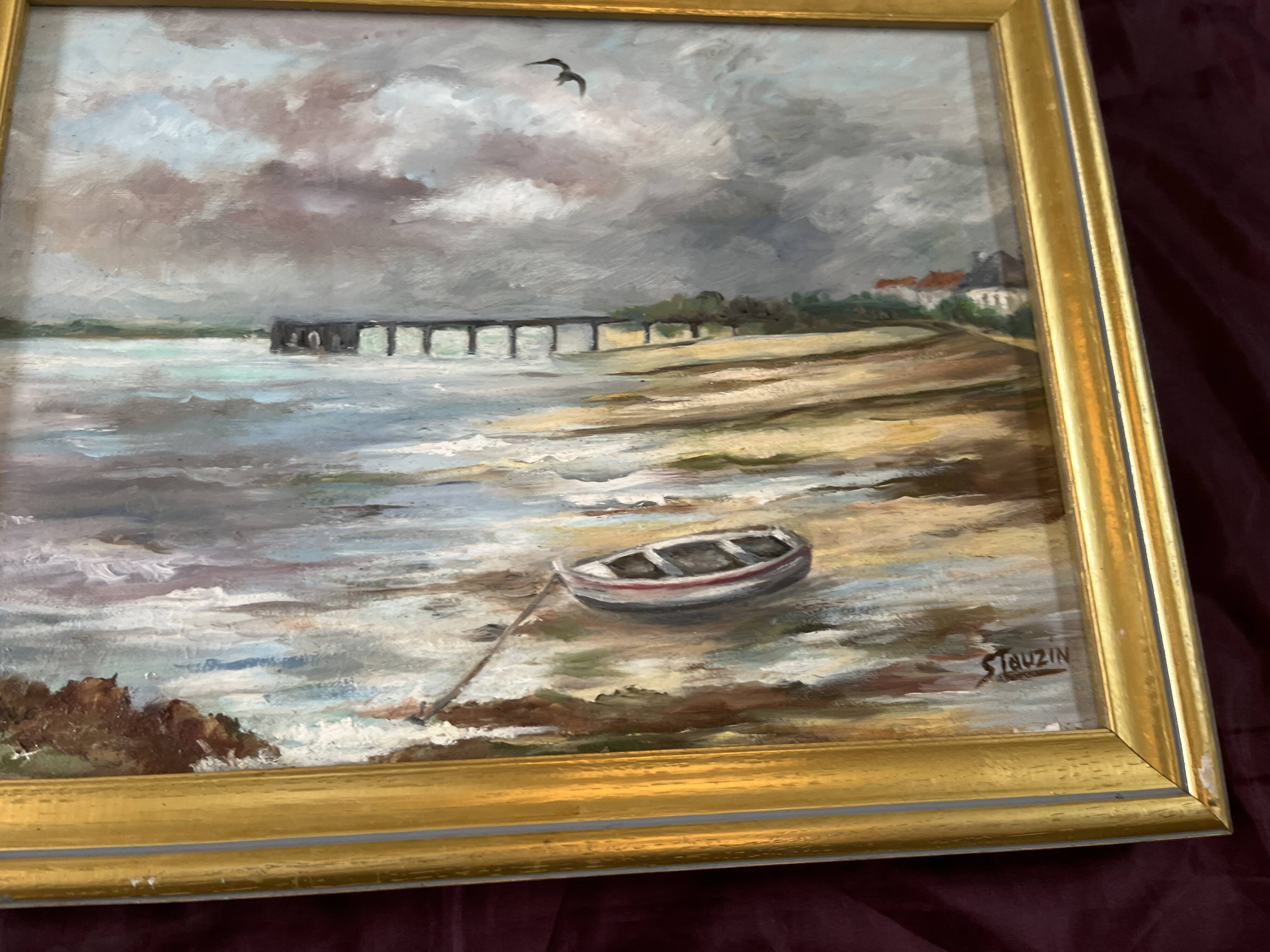 Maritime landscape painting with boat, signed Stauzin