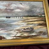 Maritime landscape painting with boat, signed Stauzin