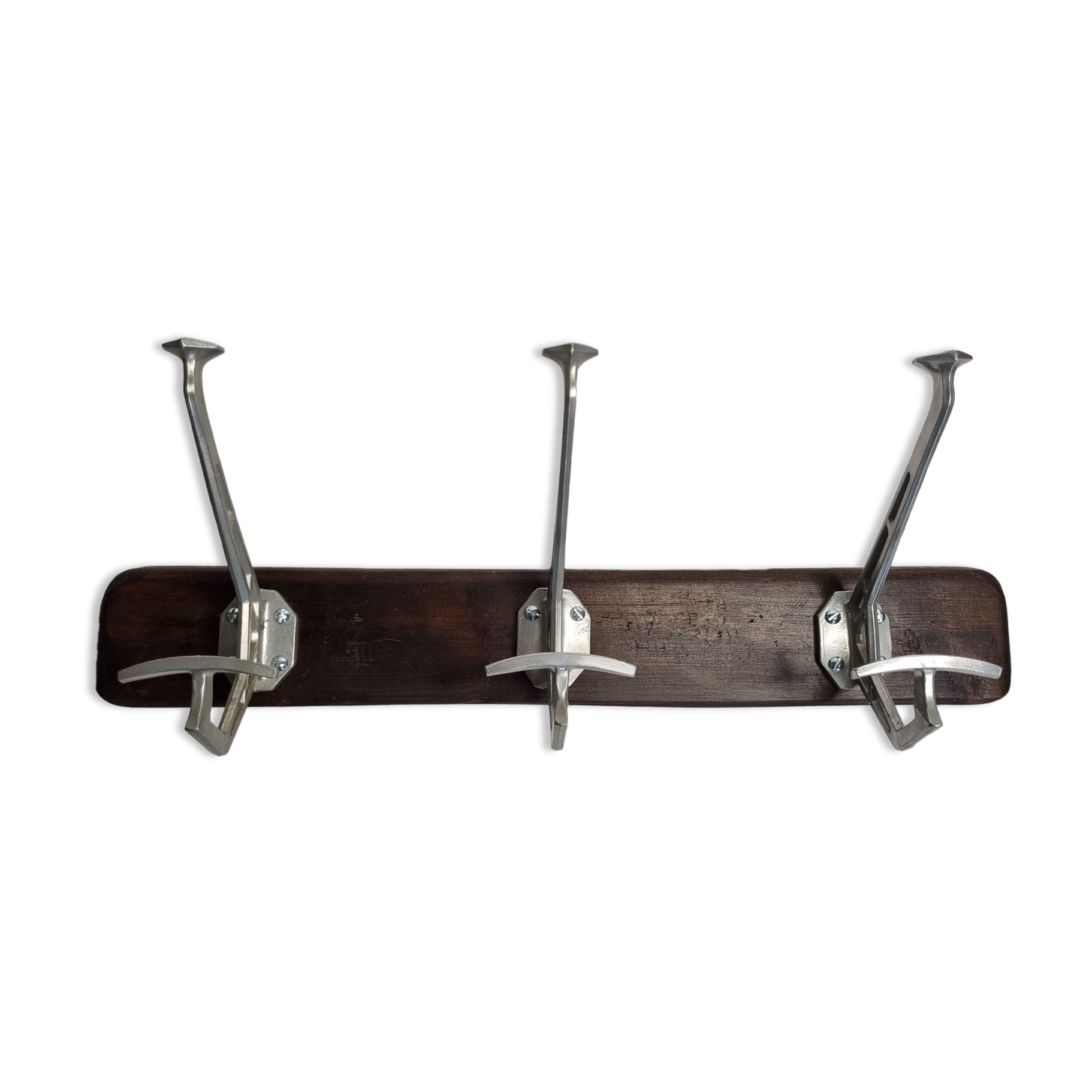 Art Deco wall rack in metal and wood, 3 hooks, 47 cm