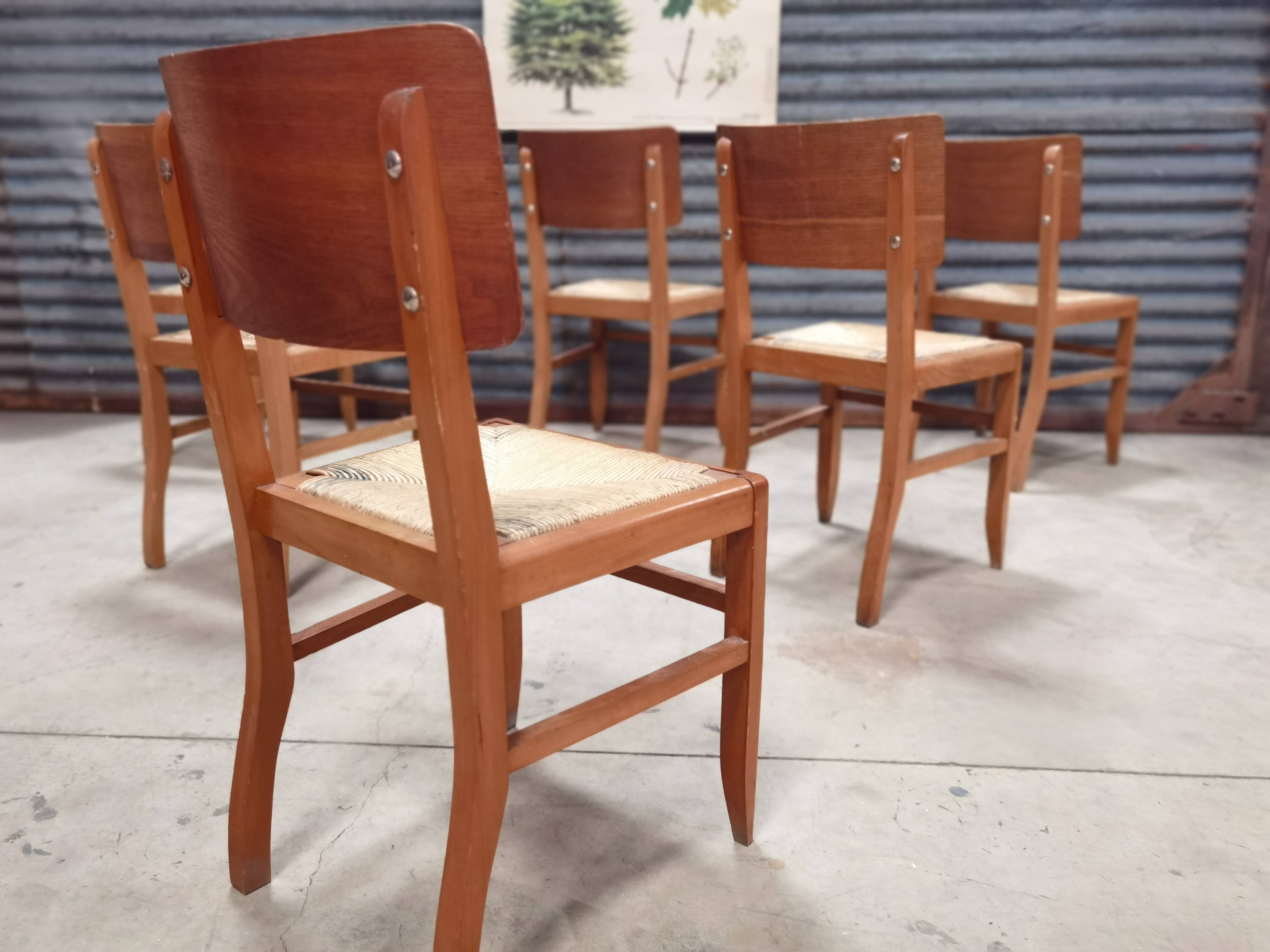 Set of 6 chairs straw wood reconstruction