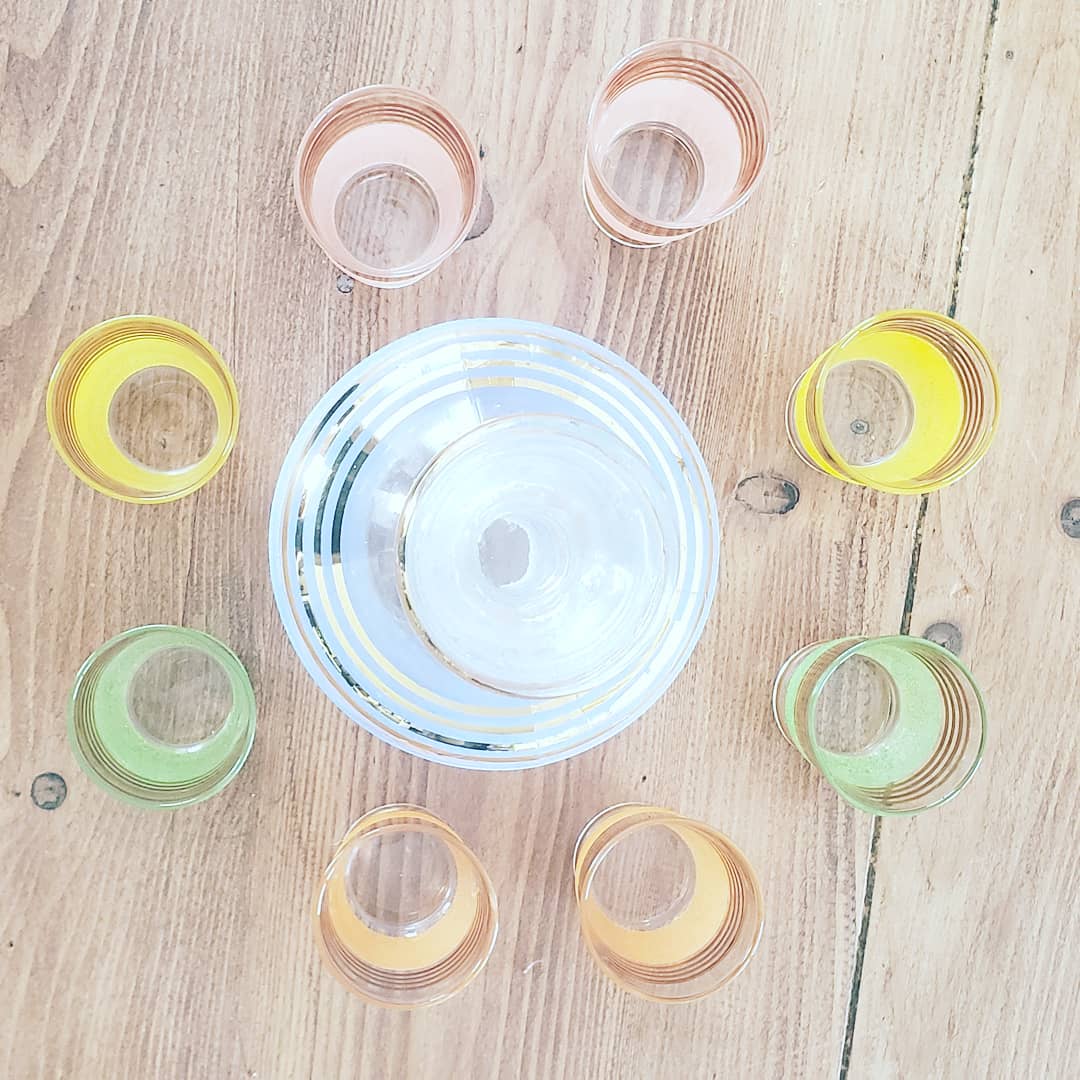 Multicolored glass liquor service