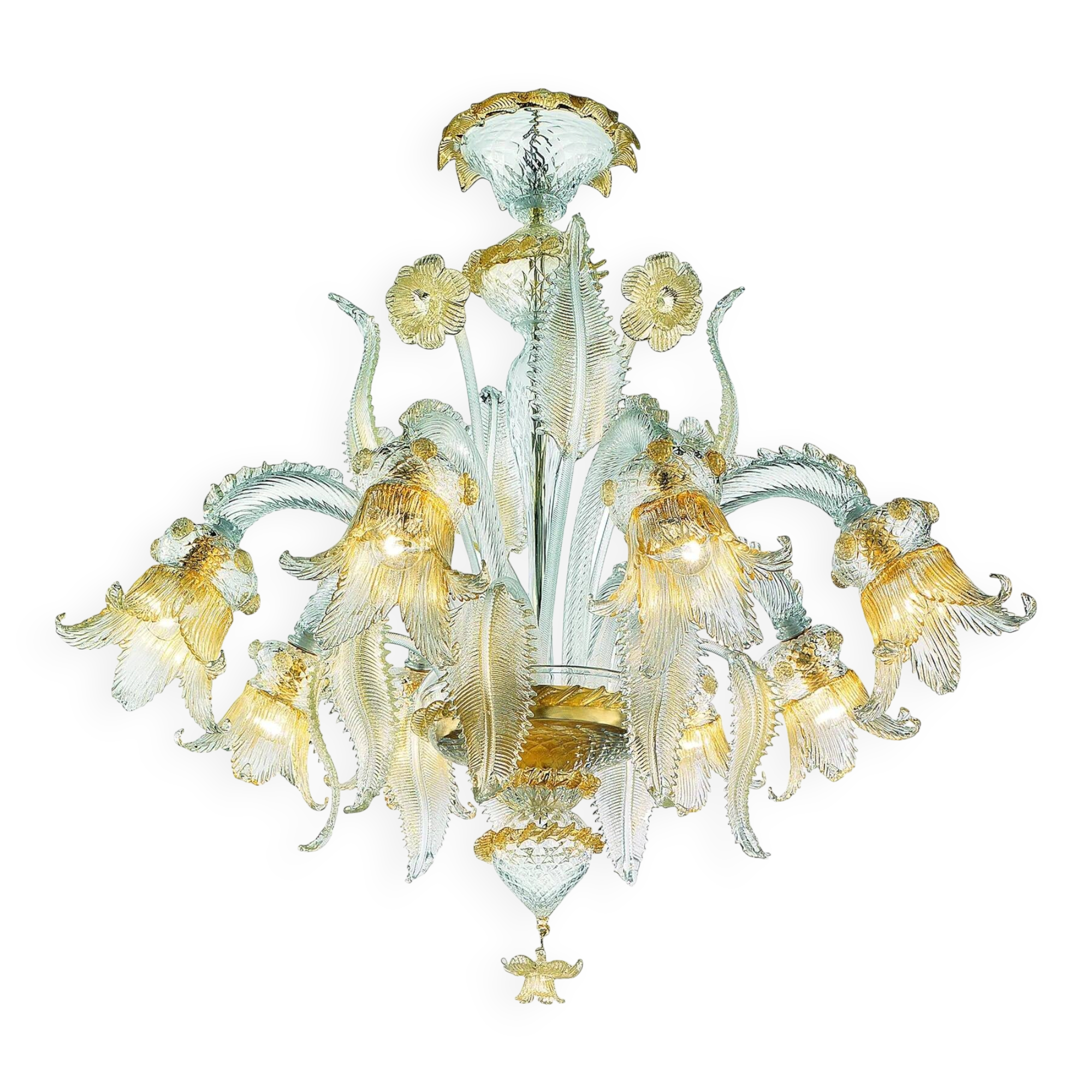 Luxury Italian Clear and Gold-Leaf Chandelier With Flowers and Leaves Muran