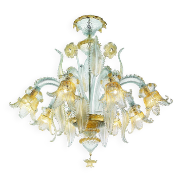 Luxury Italian Clear and Gold-Leaf Chandelier With Flowers and Leaves Muran