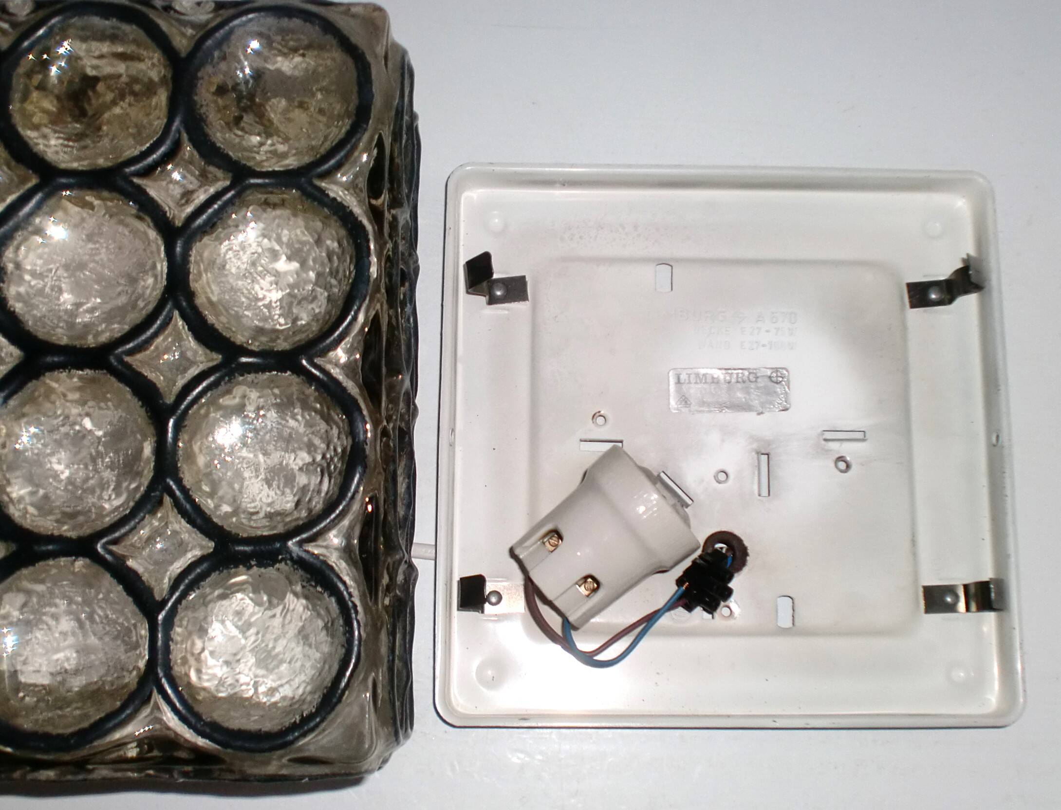 Vintage 1960s German iron ring glass ceiling lamp by Limburg