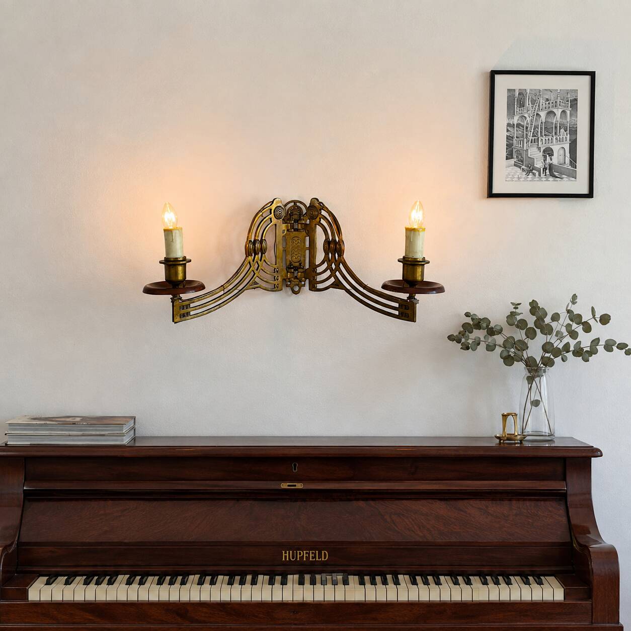 Art Nouveau style brass double piano wall lamp