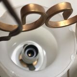 Pair of white tulip and brass pendant lamps