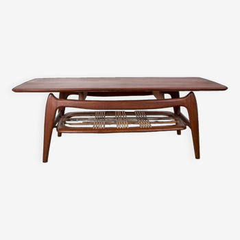 Grande Table basse, 2 niveaux, en Teck et Rotin par Louis van Teeffelen pour WéBé 1960.